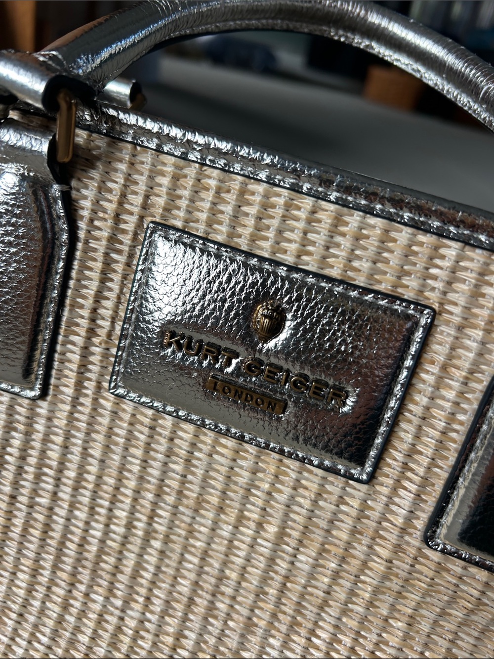 Kurt Geiger Tan Woven Satchel with Silver Metallic Trim and Branded Strap - Picture 2 of 8